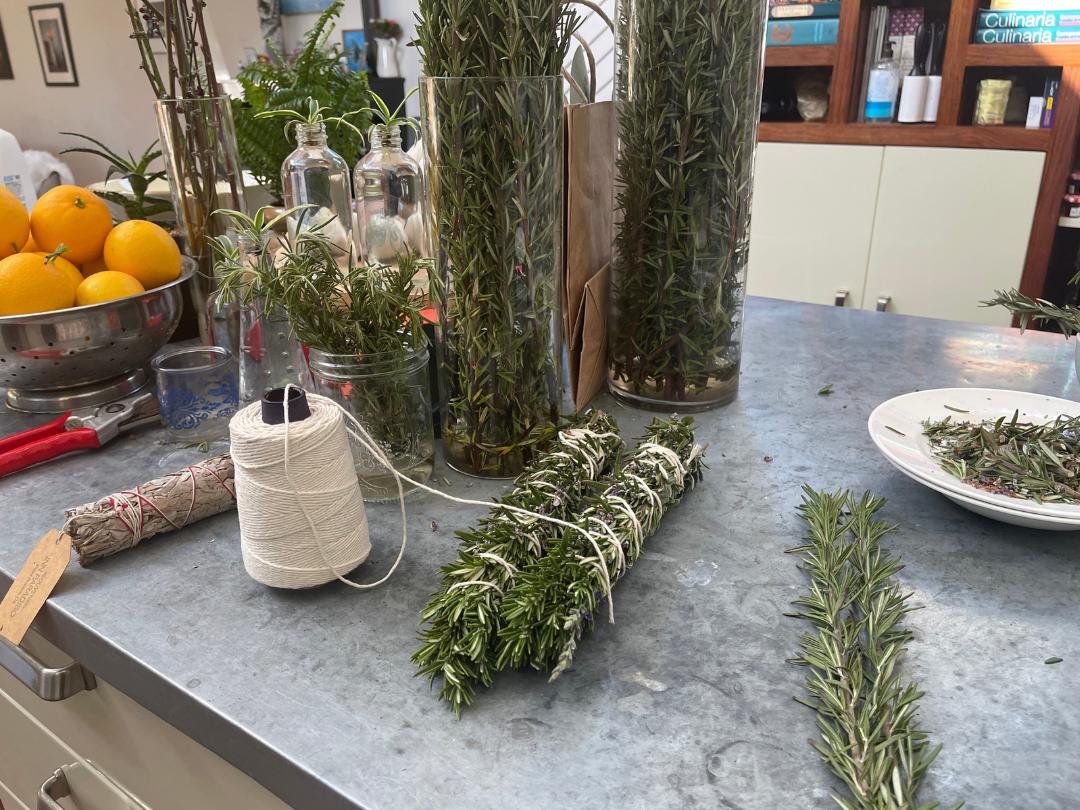 bundles of rosemary wrapped in twine, a roll of twine, and two vases of rosemary on kitchen countertop