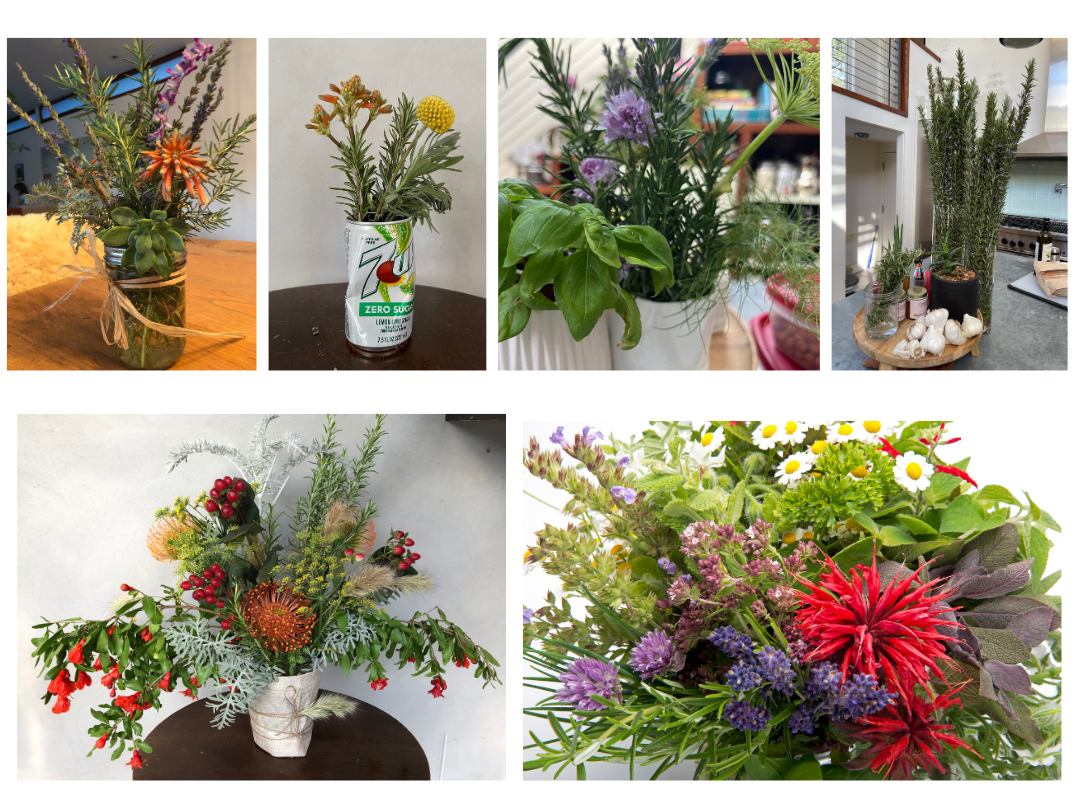 collage of five photos each with a different mixed floral arrangement using rosemary