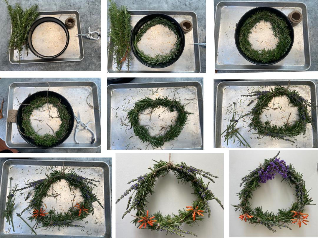 3x3 photos showing nine stages for making a rosemary wreath