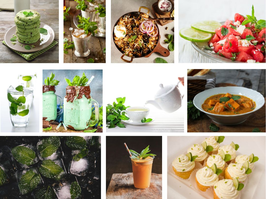 11 photos of food and drinks with mint including cookies, stew, milkshake, tea