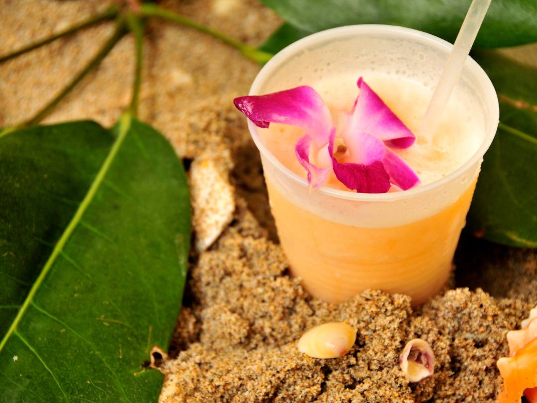 purple orchid flower in a cocktail sitting in the sand